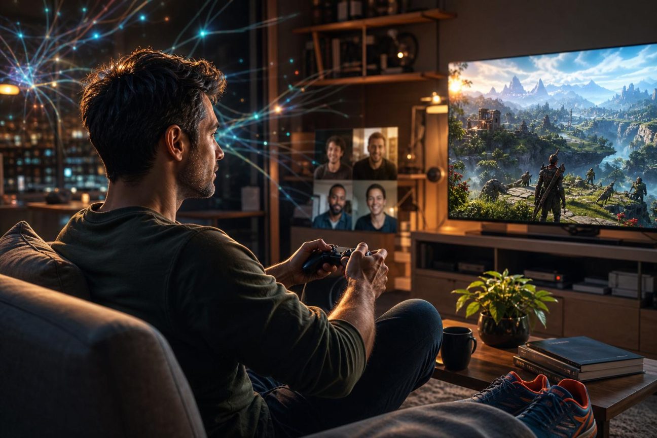 Un adulte de 37 ans joue à la console, manette à la main, le regard concentré sur l'écran
