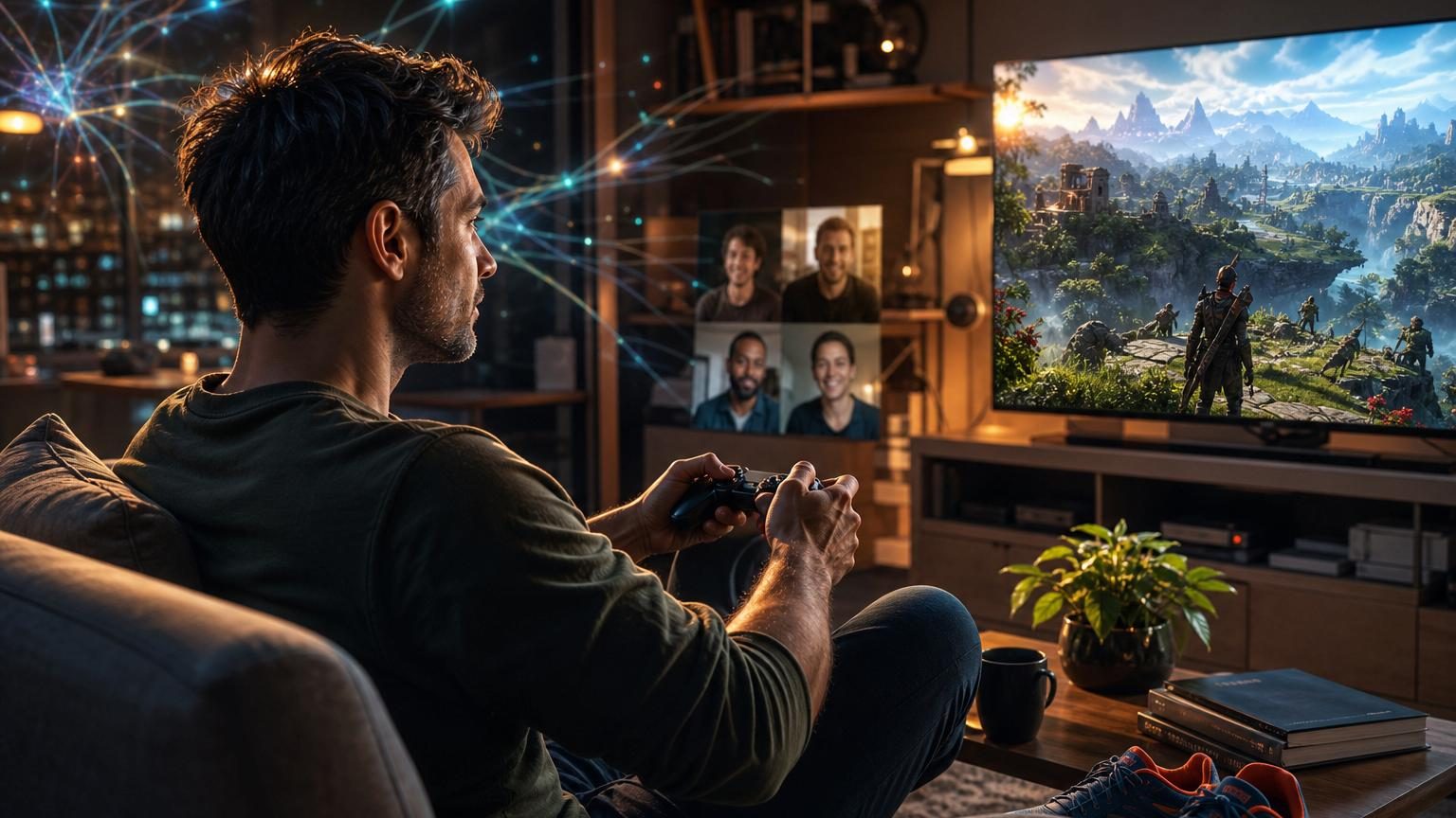 Un adulte de 37 ans joue à la console, manette à la main, le regard concentré sur l'écran