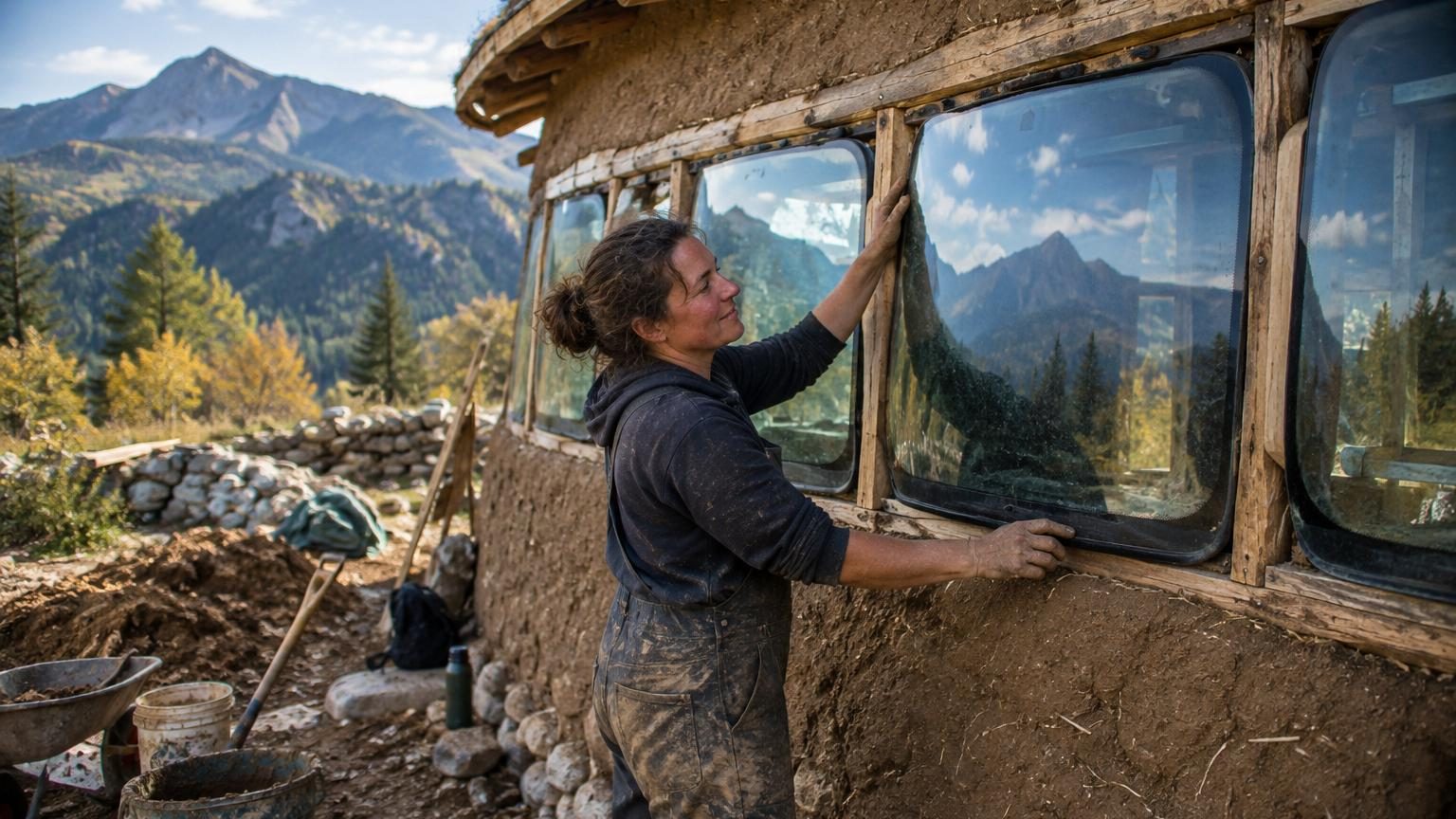 Femme debout devant sa maison en terre avec une façade vitrée composée de douze pare-brises récupérés de voitures, en montagne avec des pneus visibles dans les fondations.