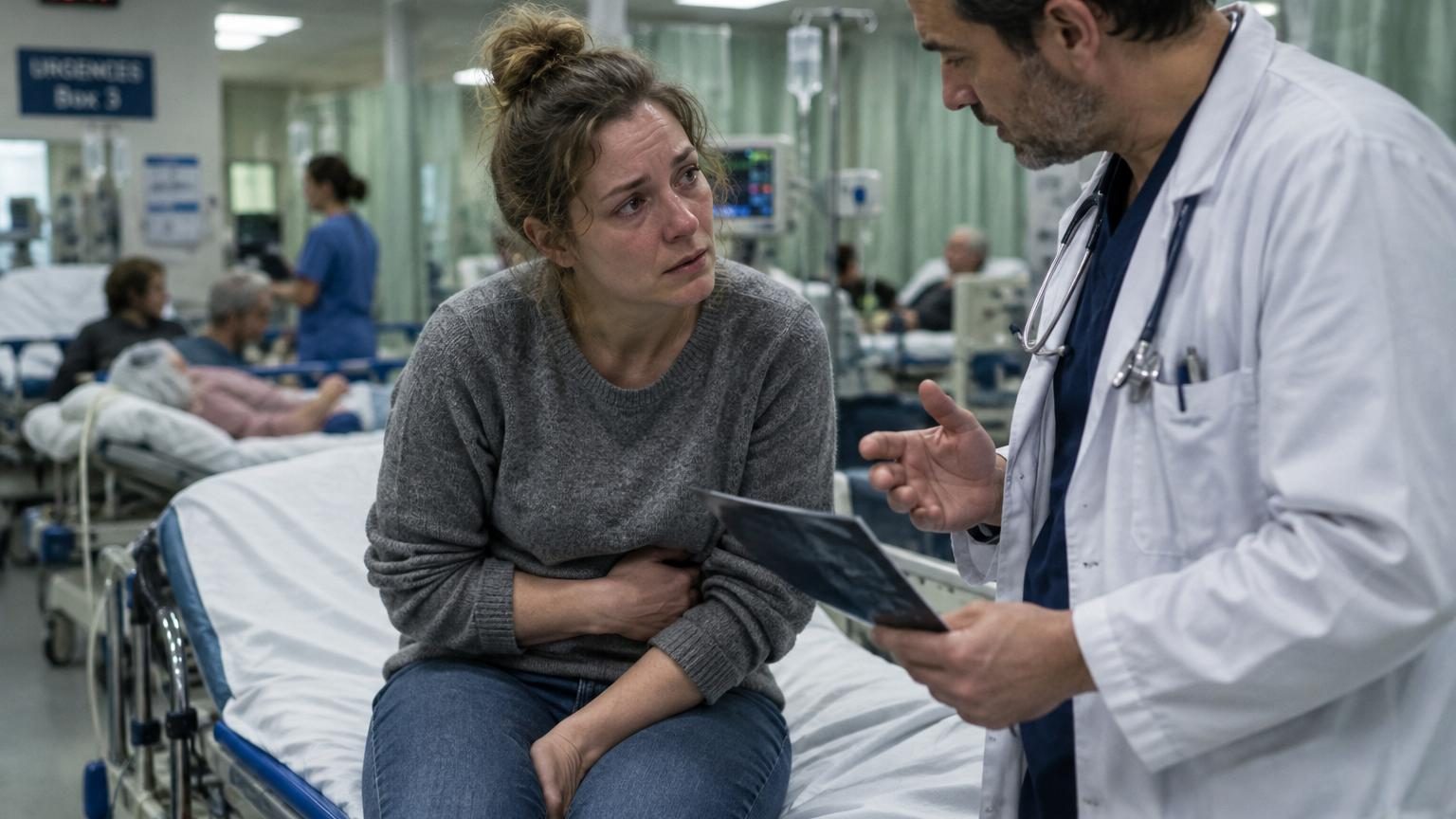 Femme de 41 ans consultant un médecin urgentiste après une nuit de symptômes digestifs, découvrant l'annonce d'un cancer colorectal au stade 3.