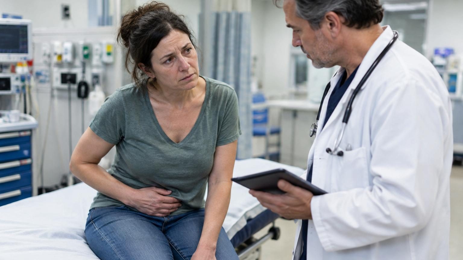 Femme d'âge moyen allongée sur un lit d'hôpital, recevant des soins ou passant des examens médicaux avec du personnel soignant à proximité