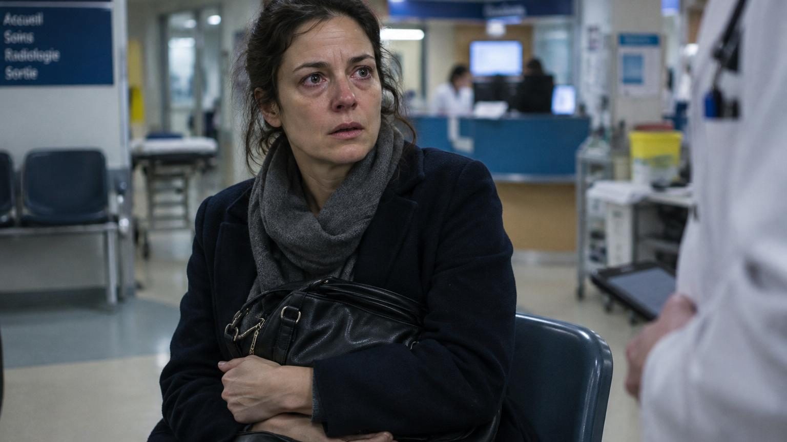 Femme d'âge moyen assise dans une salle d'attente d'hôpital, tenant son sac, l'air préoccupé face à un écran d'appel de patients.