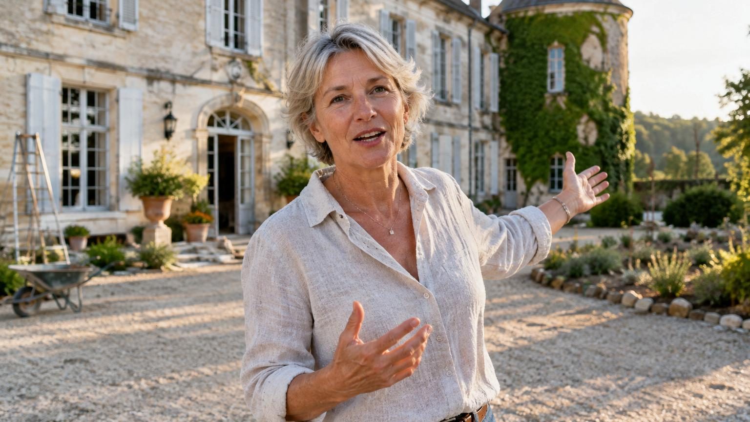 Femme d'âge mûr devant une grande porte verte en bois d'un château ancien posé contre des falaises calcaires, tenant une bouteille de champagne