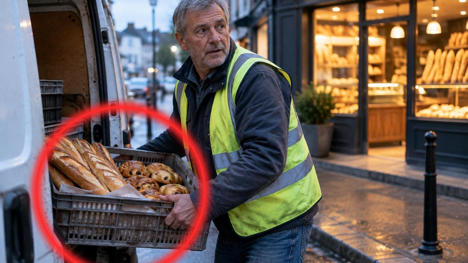 Un homme d'âge mûr vêtu simplement conduit un petit camion de livraison blanc chargé de boîtes de pain et de viennoiseries à travers une rue calme de quartier résidentiel, le matin avant le lever du soleil.