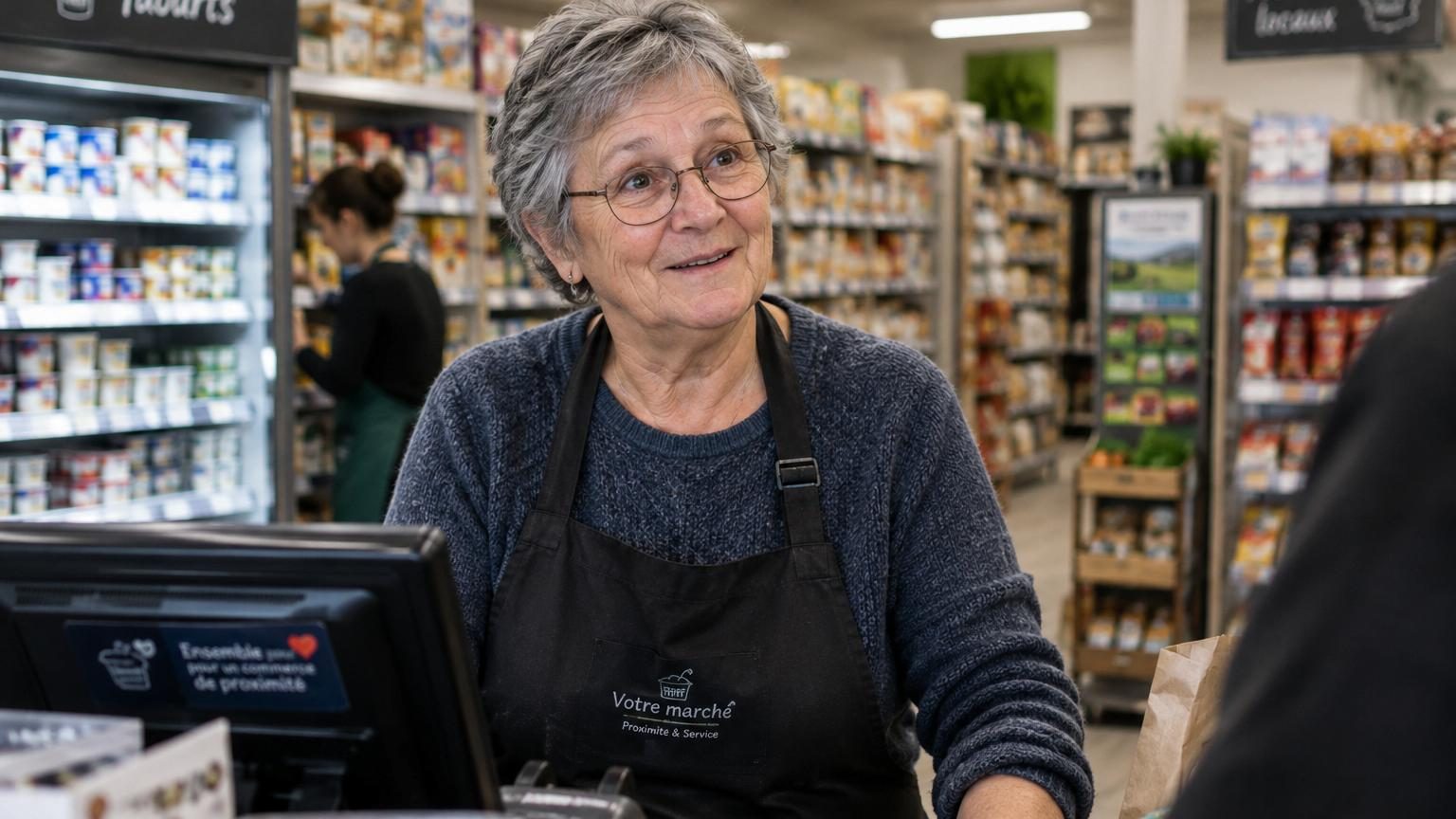 Femme senior souriant à une cliente devant des rayons de produits alimentaires dans une petite supérette