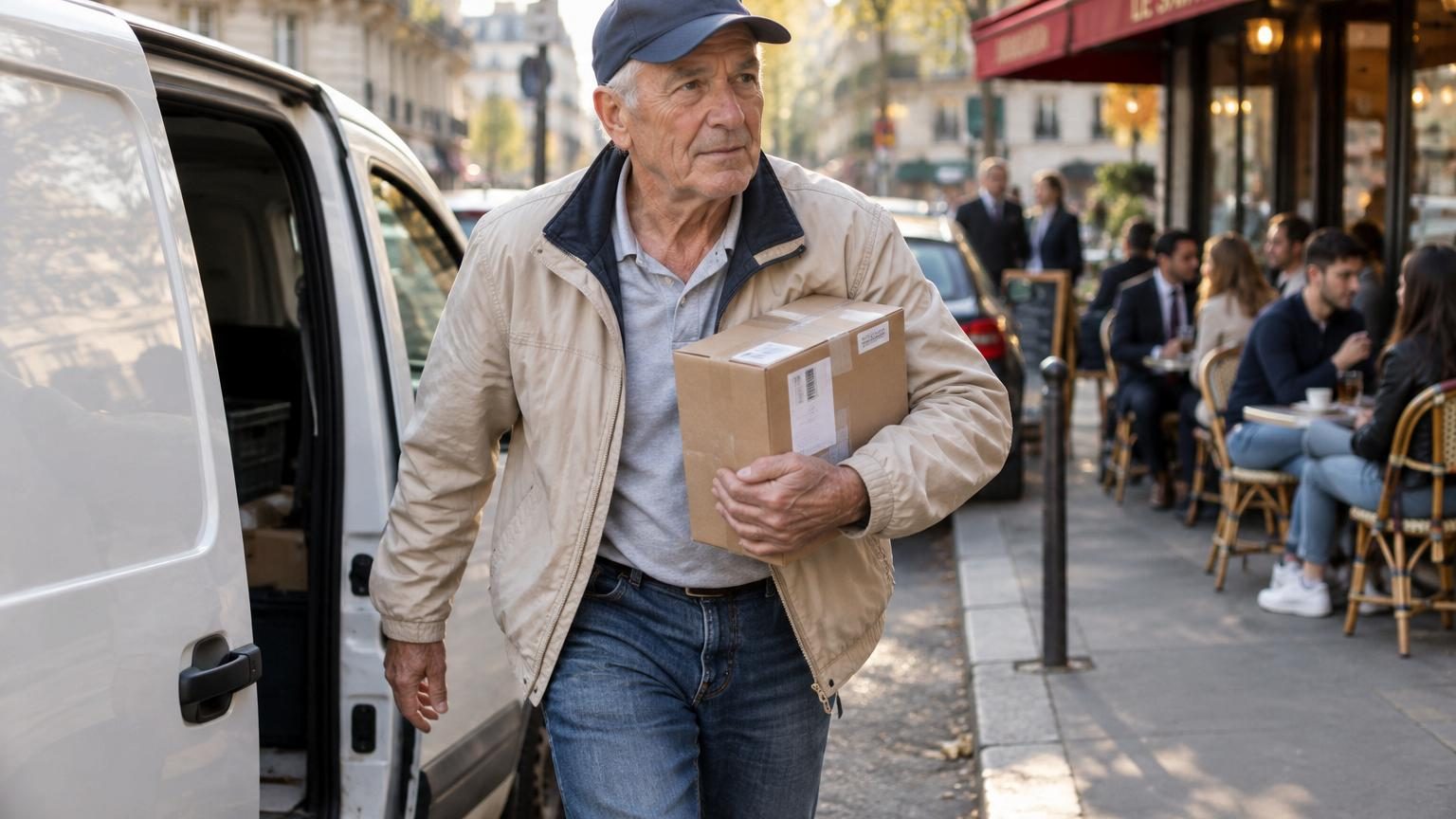 Un homme de 71 ans en casquette bleu marine, carnet de bord à la main, discute avec une serveuse souriante au comptoir d'un café avant de partir pour sa tournée de livraison.