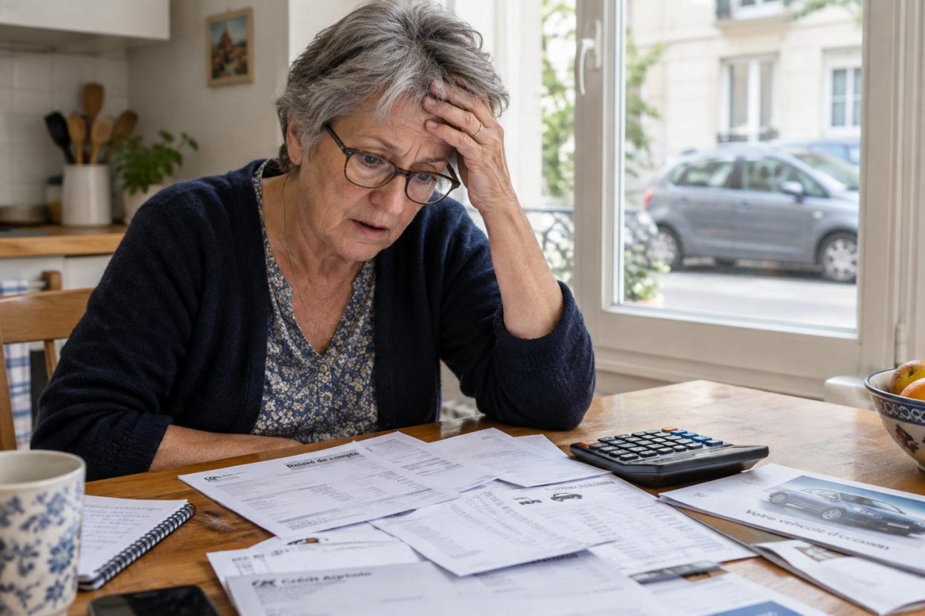 Une femme âgée aux lunettes consulte des papiers et des relevés bancaires au-dessus d'une table, calculatrice en main, avec une voiture grise visible par la fenêtre en arrière-plan.