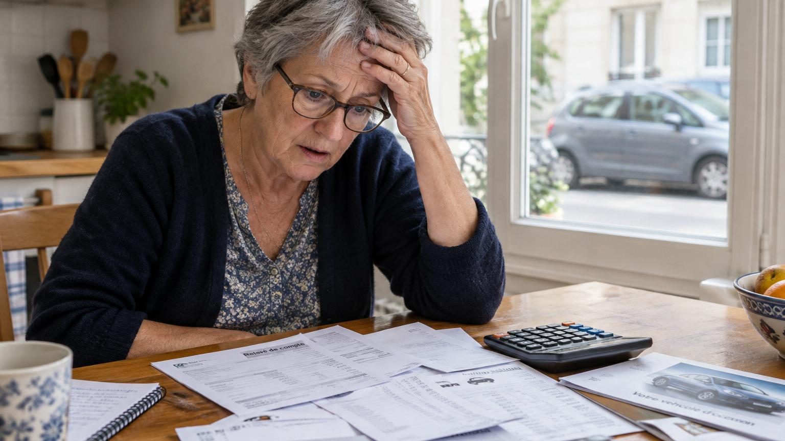Une femme âgée aux lunettes consulte des papiers et des relevés bancaires au-dessus d'une table, calculatrice en main, avec une voiture grise visible par la fenêtre en arrière-plan.