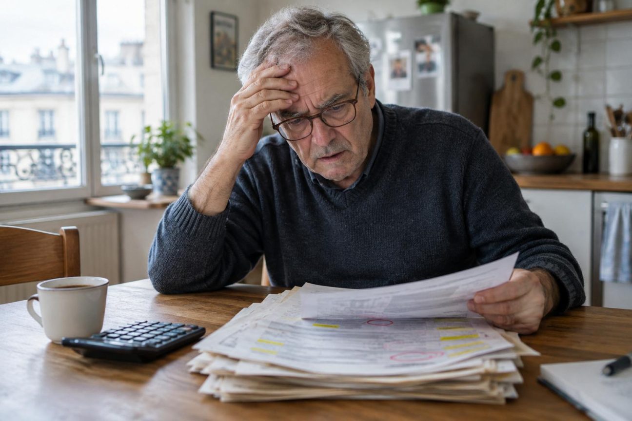 Homme de 69 ans consultant ses relevés bancaires papier avec un stylo, découvrant un petit prélèvement récurrent qui s'est accumulé à plus de 1 700 euros sur deux décennies