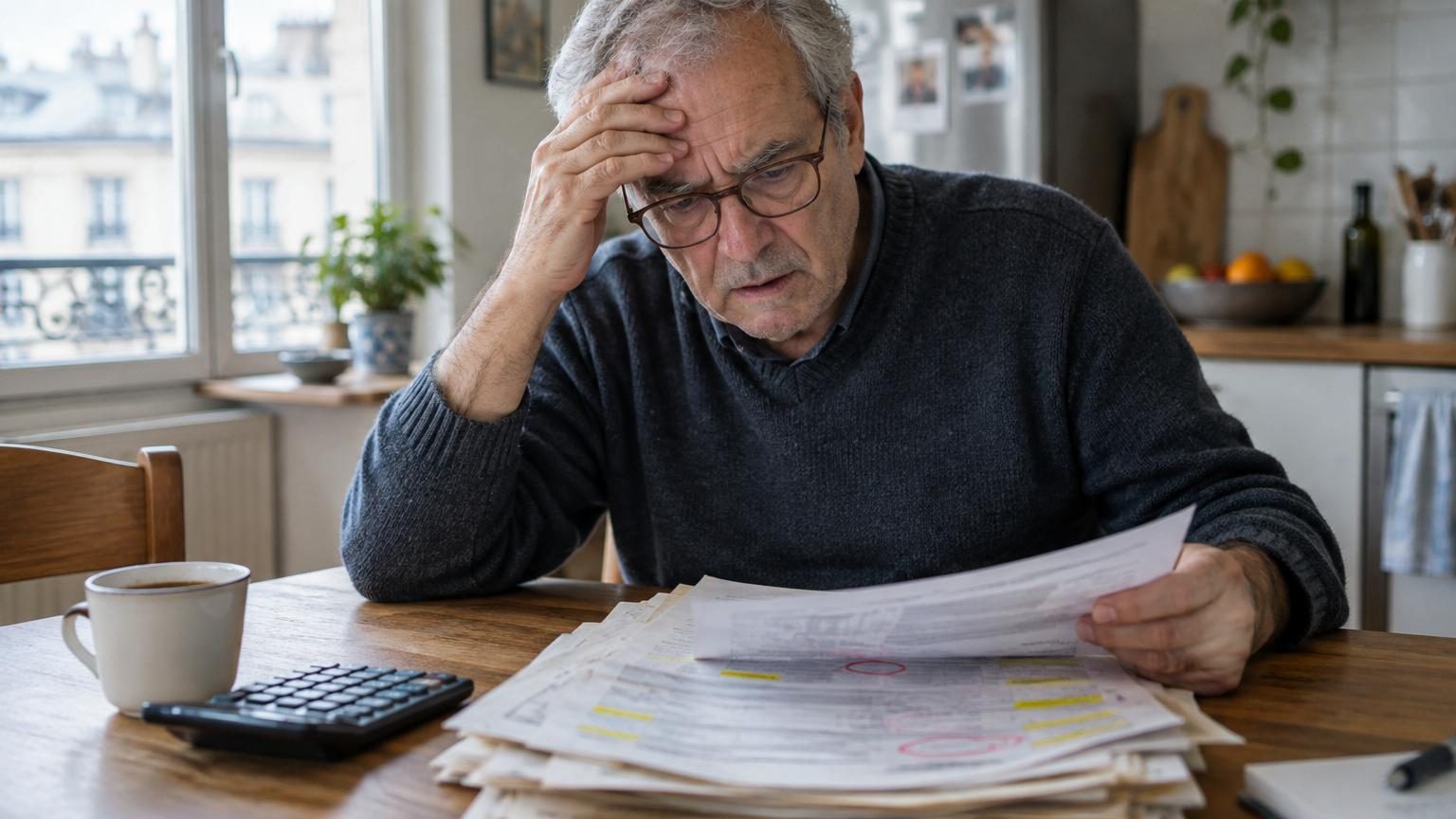 Homme de 69 ans consultant ses relevés bancaires papier avec un stylo, découvrant un petit prélèvement récurrent qui s'est accumulé à plus de 1 700 euros sur deux décennies
