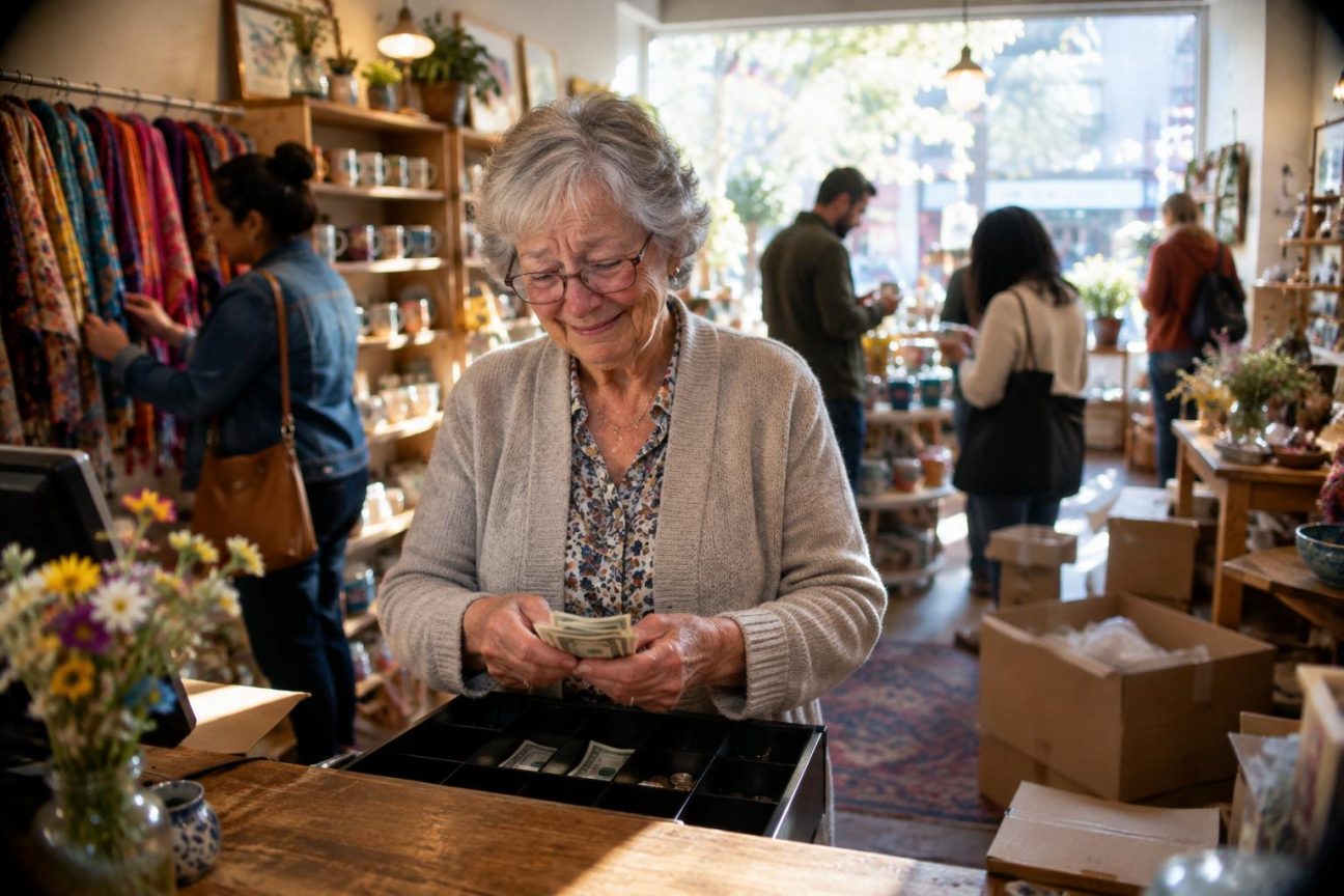 Femme âgée collant des étiquettes prix sur des mugs et écharpes dans une petite boutique décorée, avec des cartons autour et une enseigne 'Les Jours Doux' visible dehors.