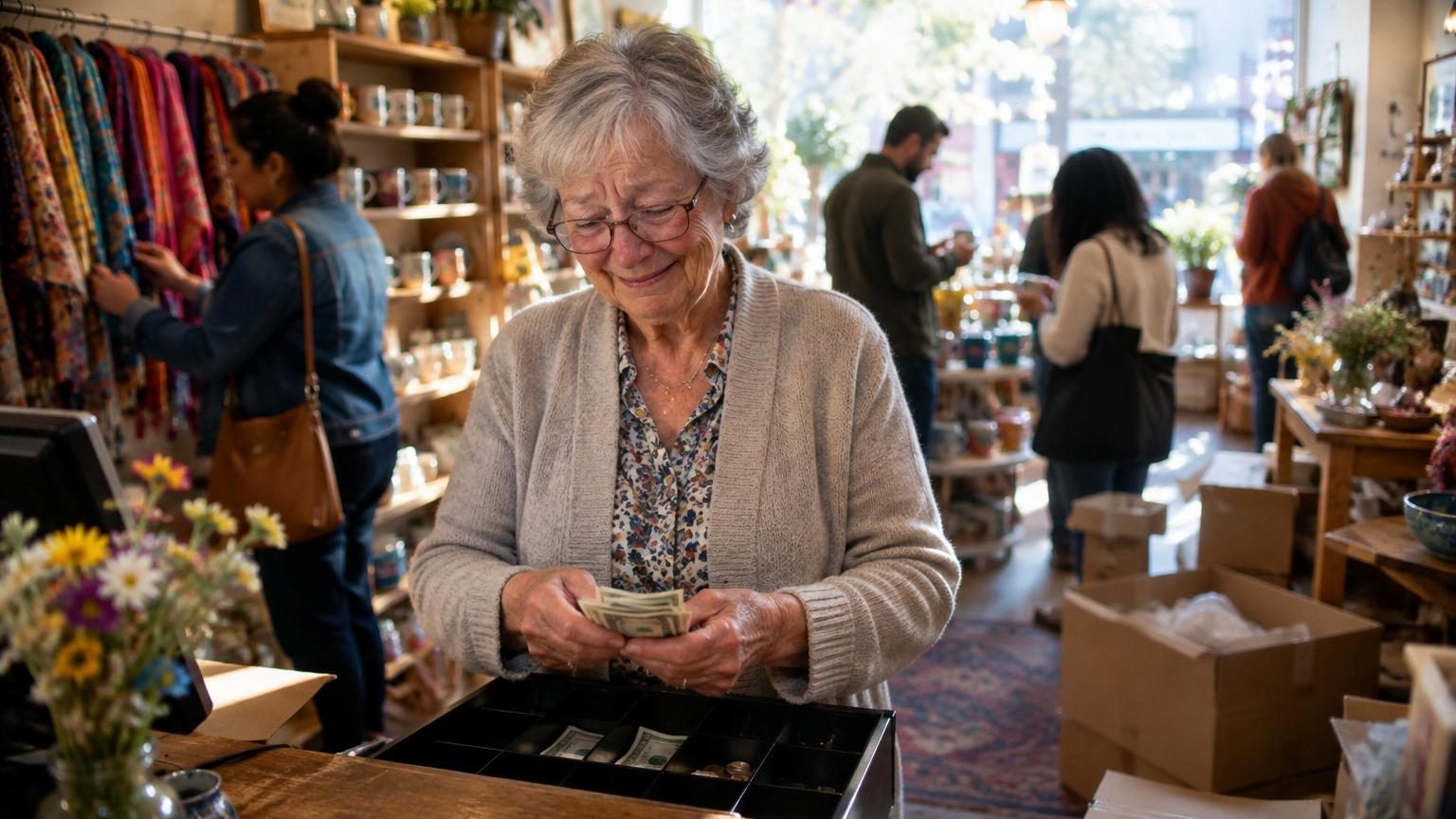 Femme âgée collant des étiquettes prix sur des mugs et écharpes dans une petite boutique décorée, avec des cartons autour et une enseigne 'Les Jours Doux' visible dehors.