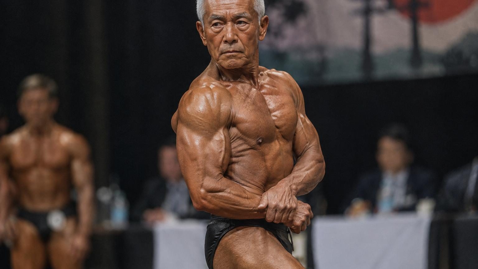 Toshisuke Kanazawa, culturiste de 90 ans aux muscles développés, posant en position de compétition de bodybuilding, vêtu d'une tenue de scène traditionnelle.