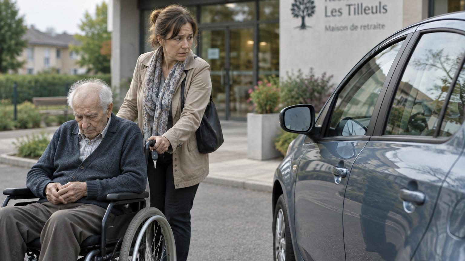 Un homme très âgé assis en fauteuil roulant à côté d'une voiture immobilisée, symbole de son impossibilité à conduire malgré les versements mensuels persistants.