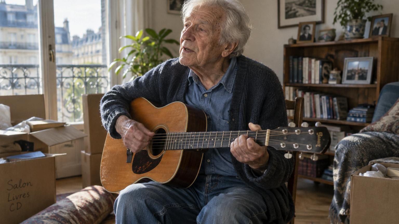 Hugues Aufray, veste en cuir, descend d'un minibus blanc aux côtés de musiciens pour une session de répétition en studio, illustrant son refus de l'inactivité malgré son âge avancé.