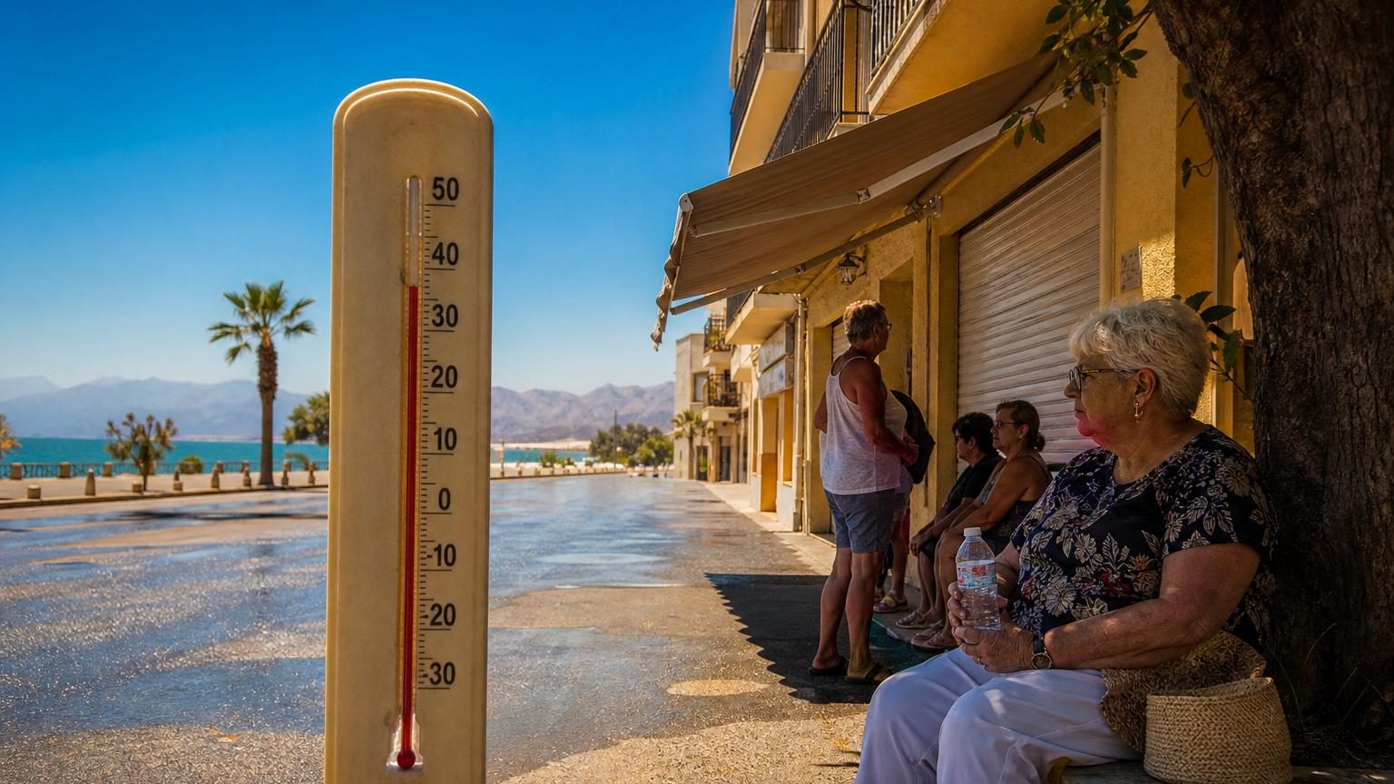 Thermomètre affichant une température extrêmement élevée lors d'une vague de chaleur précoce en fin de printemps