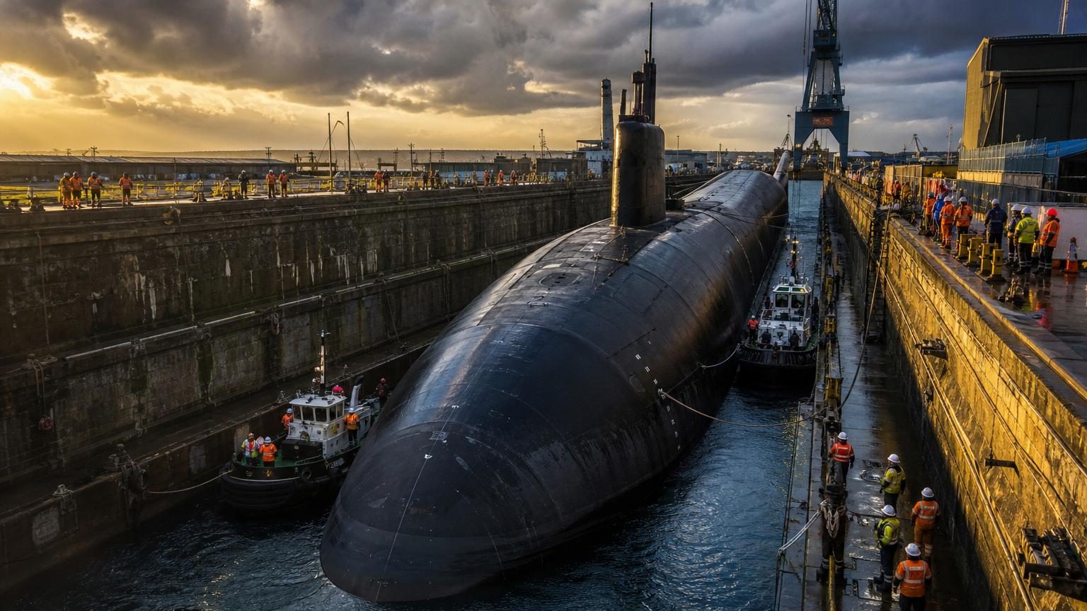 Le Redoutable, sous-marin nucléaire français noir de 128 mètres, repose à sec dans un bassin asséché de la Cité de la Mer à Cherbourg, avec ses structures métalliques imposantes visibles depuis l'extérieur du musée.