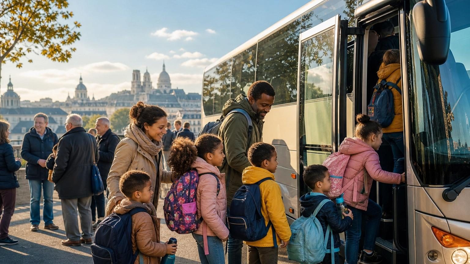 Une famille de huit personnes monte dans un autocar blanc pour un voyage collectif vers Paris, des enfants et parents portant des vêtements de pluie.