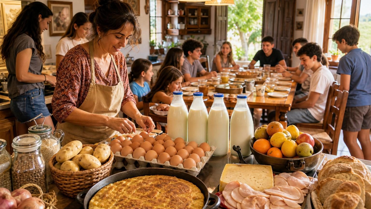 Une cuisinière dans sa cuisine, entourée d'aliments et d'ustensiles, préparant un repas copieux pour une grande famille.