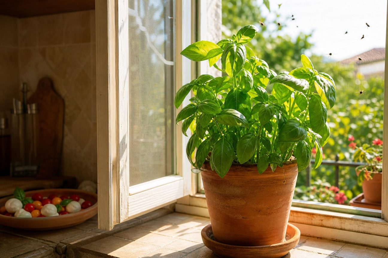 Un plant de basilic vert feuillé placé près d'une fenêtre ensoleillée, symbolisant sa position stratégique pour repousser les mouches de manière naturelle.
