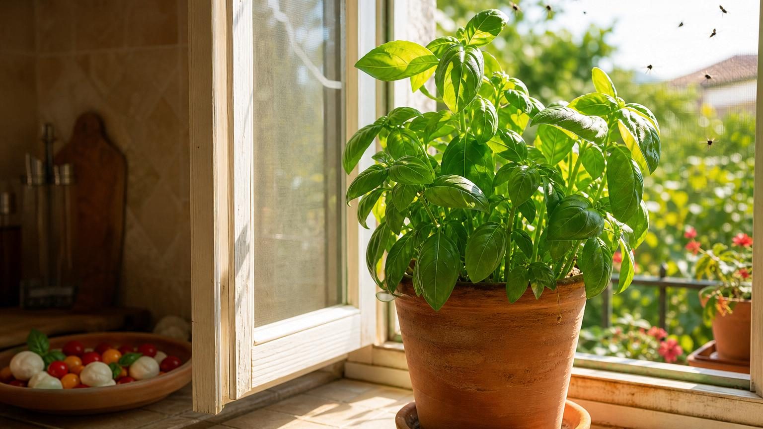 Un plant de basilic vert feuillé placé près d'une fenêtre ensoleillée, symbolisant sa position stratégique pour repousser les mouches de manière naturelle.