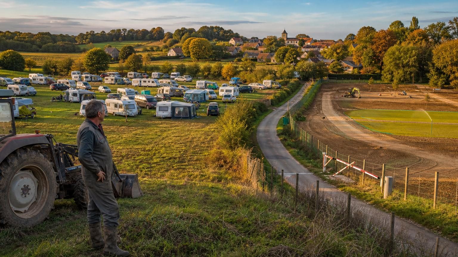 Vue d'une parcelle agricole avec plusieurs caravanes et foyers stationnés, entourée de champs, illustrant l'occupation temporaire d'une propriété privée en l'absence d'équipement public disponible.