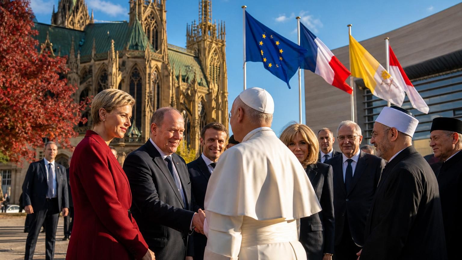 Le pape Léon XIV rencontre le prince Albert II et la princesse Charlène de Monaco lors d'une séquence diplomatique à Metz, entourés de responsables institutionnels européens.