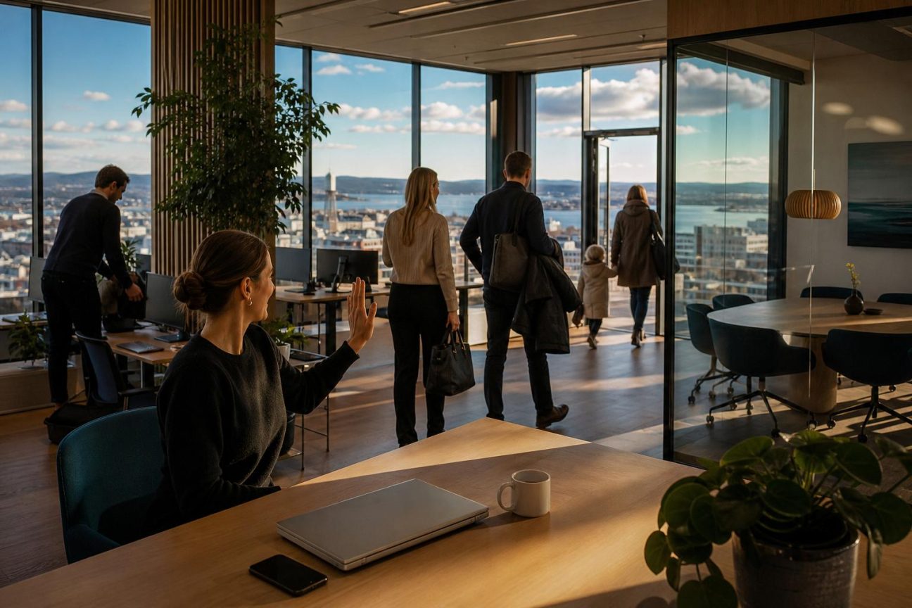 Un bureau vide aux alentours de 16 heures avec des ordinateurs fermés, grandes fenêtres laissant entrer la lumière de fin d'après-midi, tables de travail abandonnées et chaises vides