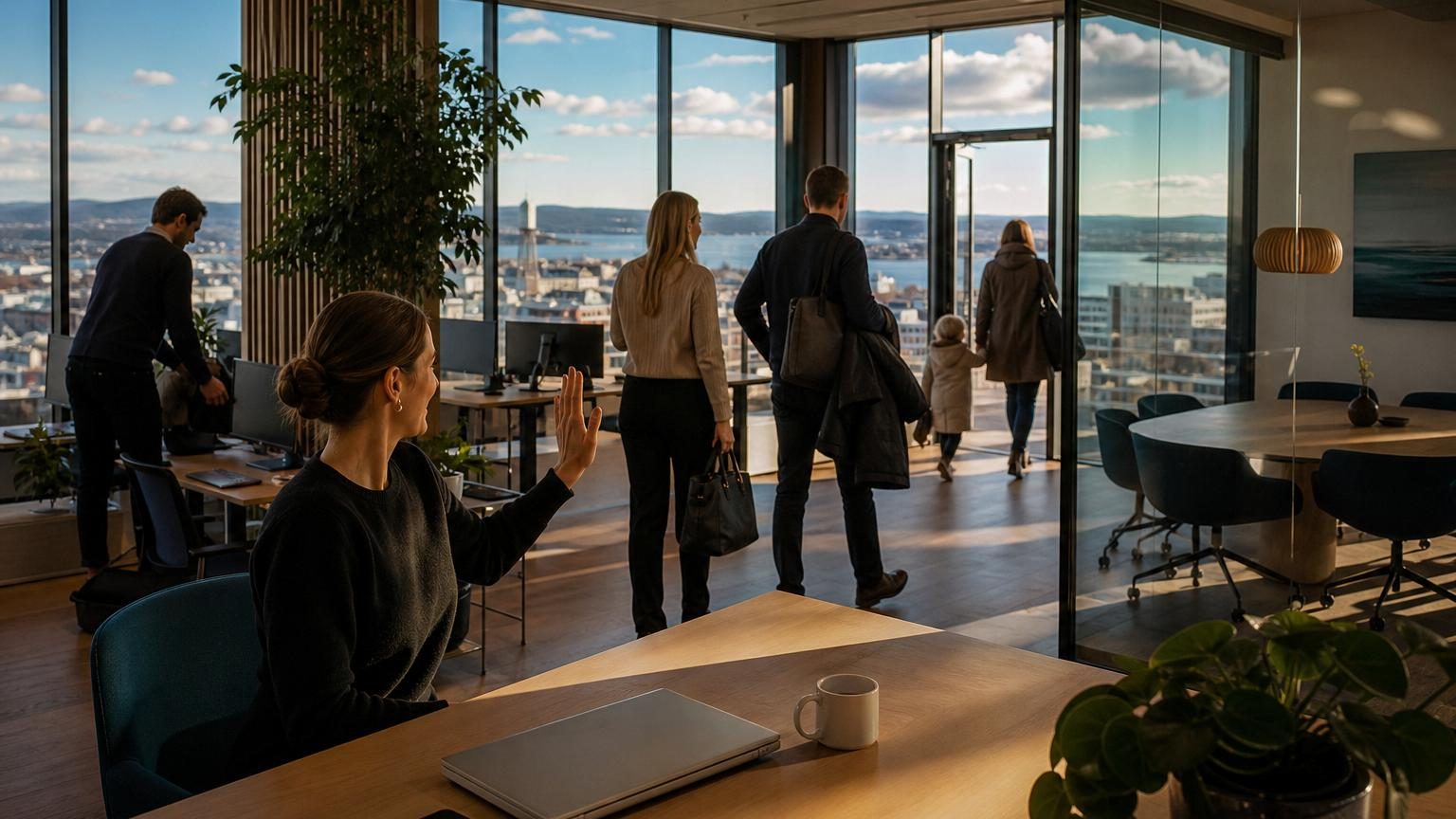 Un bureau vide aux alentours de 16 heures avec des ordinateurs fermés, grandes fenêtres laissant entrer la lumière de fin d'après-midi, tables de travail abandonnées et chaises vides