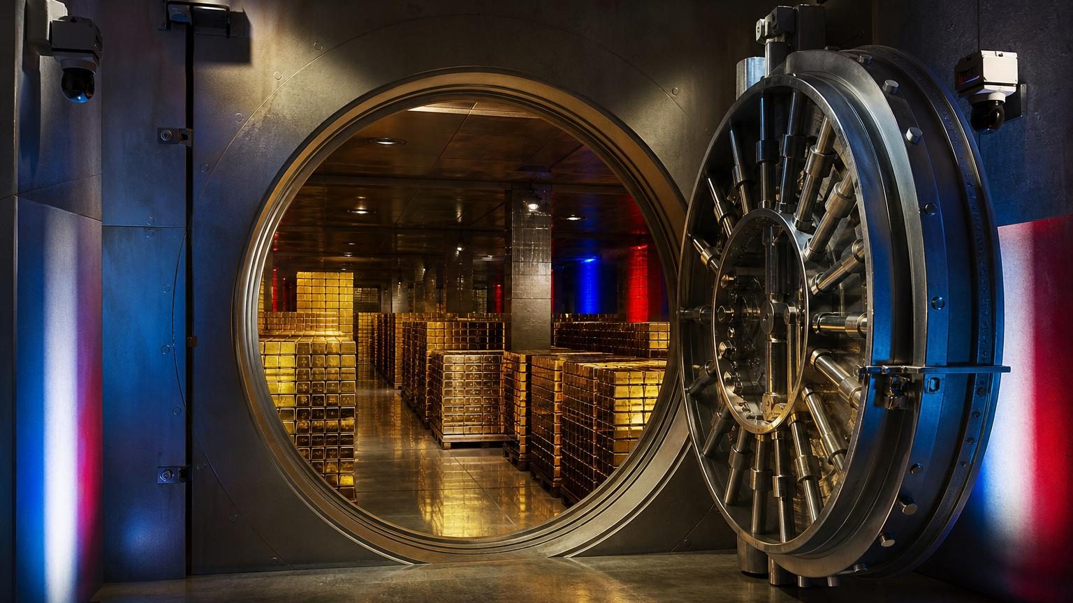 Illustration montrant un coffre-fort souterrain avec lingots d'or, symbolisant la Banque de France et ses réserves stratégiques conservées profondément sous Paris.