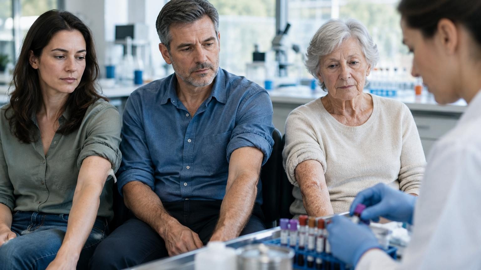 Représentation conceptuelle des trois étapes du vieillissement biologique: un adulte en trentaine, un sexagénaire et une personne âgée, avec des symboles de changements biologiques visibles.