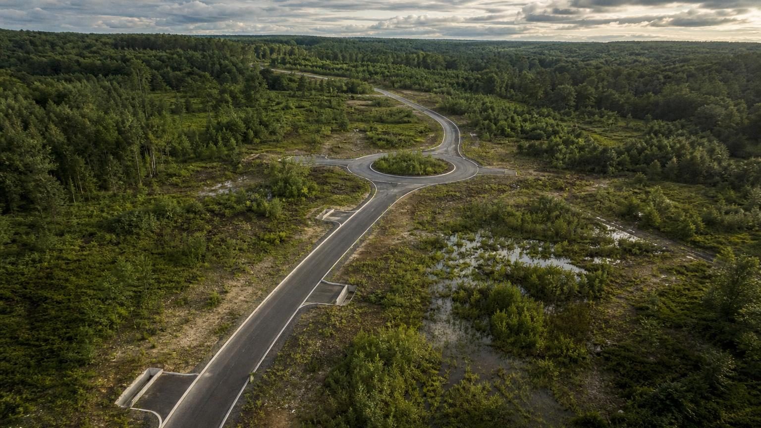 Routes en béton sinuant entre les arbres d'une forêt, avec ronds-points et plateformes abandonnés, vestige d'un chantier inachevé en bordure de forêt.