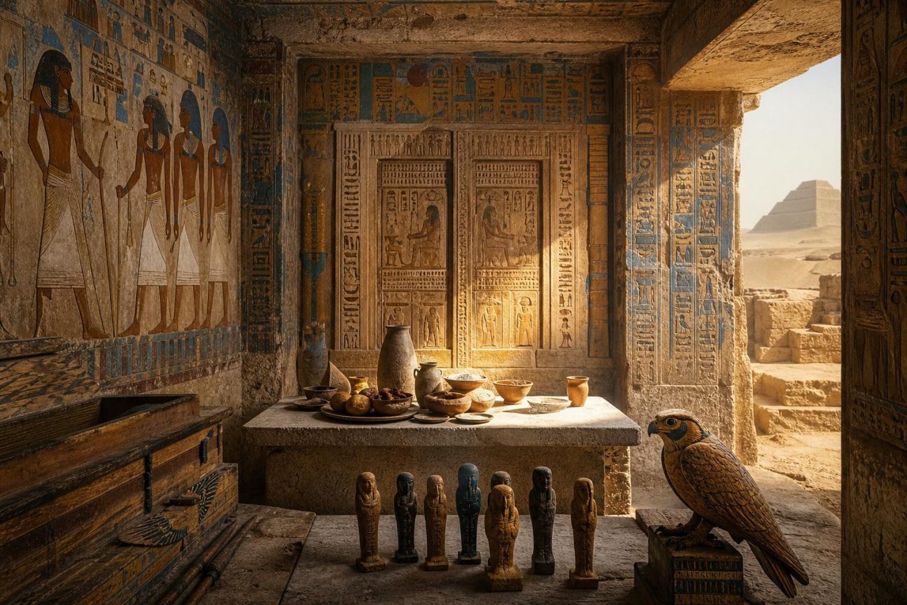 Vue de la tombe de Sekhentio-Ptah à Saqqarah, montrant la table d'offrandes, le bassin rituel et les fausses portes datant de l'Ancien Empire égyptien