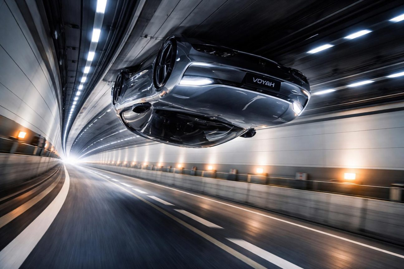 Berline électrique Voyah Passion S vue de profil dans un tunnel courbe à paroi lisse, filmée en train de franchir le plafond dans une boucle verticale à 130 km/h.