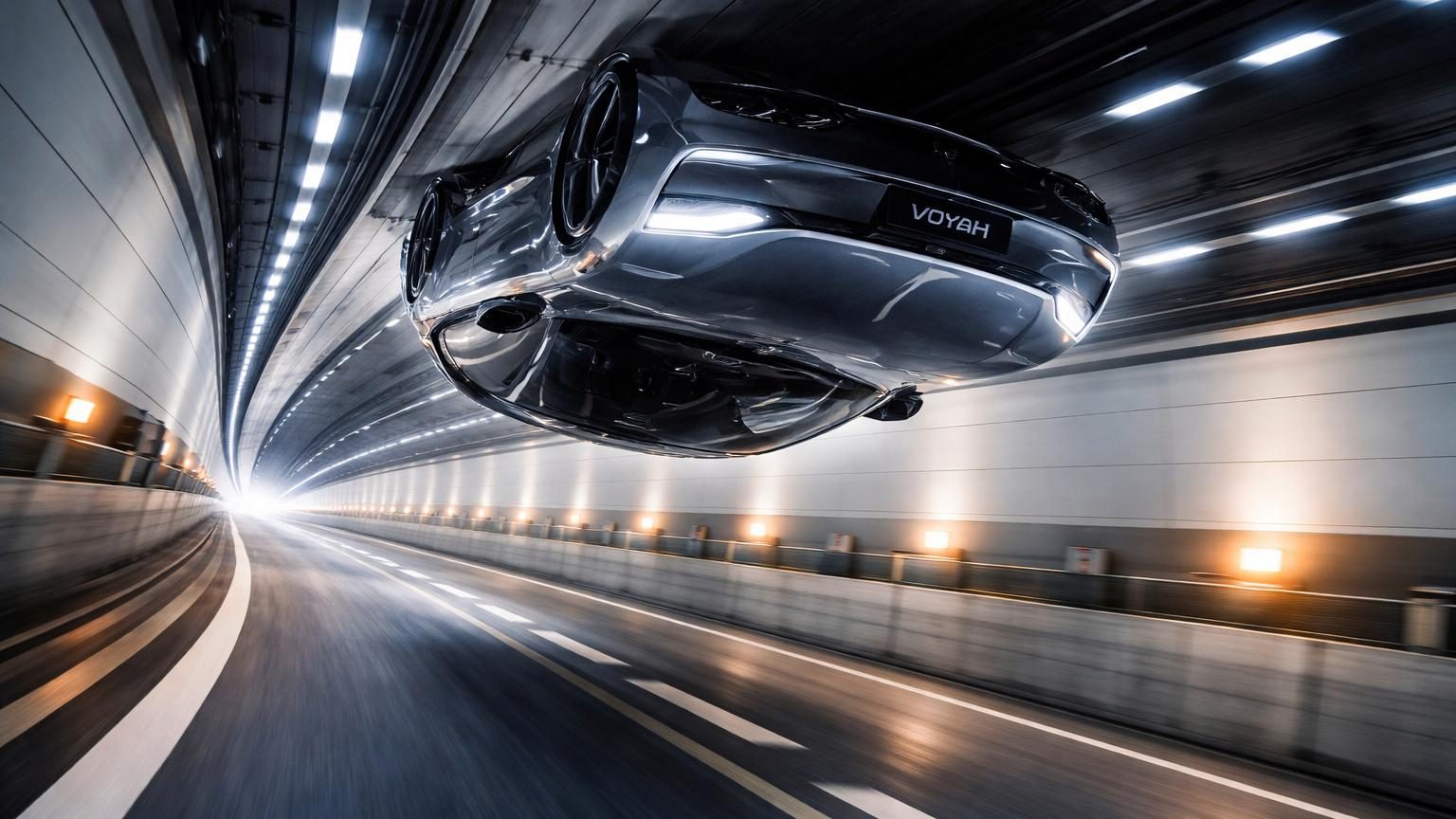 Berline électrique Voyah Passion S vue de profil dans un tunnel courbe à paroi lisse, filmée en train de franchir le plafond dans une boucle verticale à 130 km/h.
