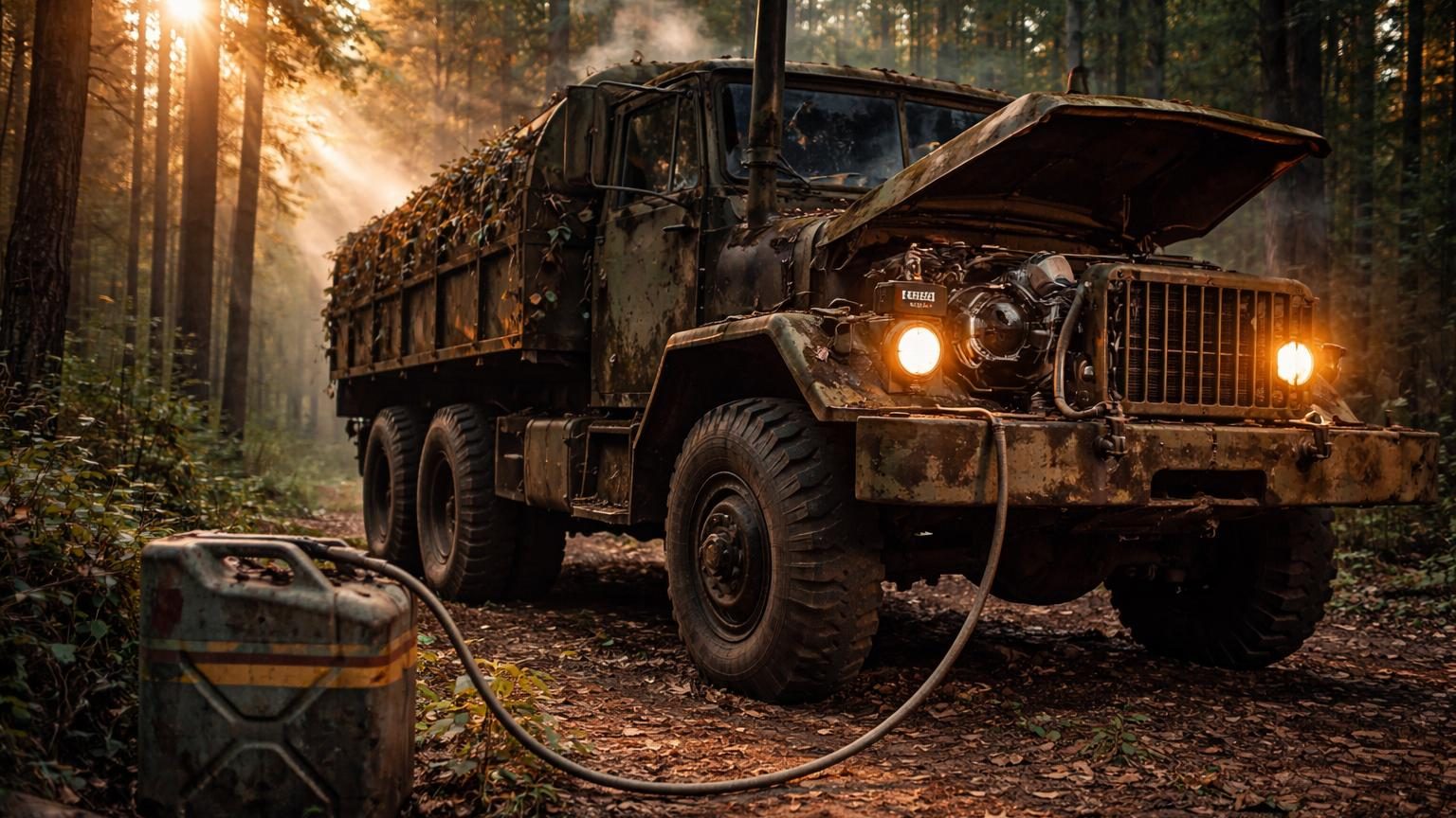 Un camion militaire américain M35A2 gris aux proportions massives, assis dans un environnement boisé, démarrant pour la première fois après dix ans d'abandon, avec son moteur turbodiesel fonctionnant au kérosène d'avion.