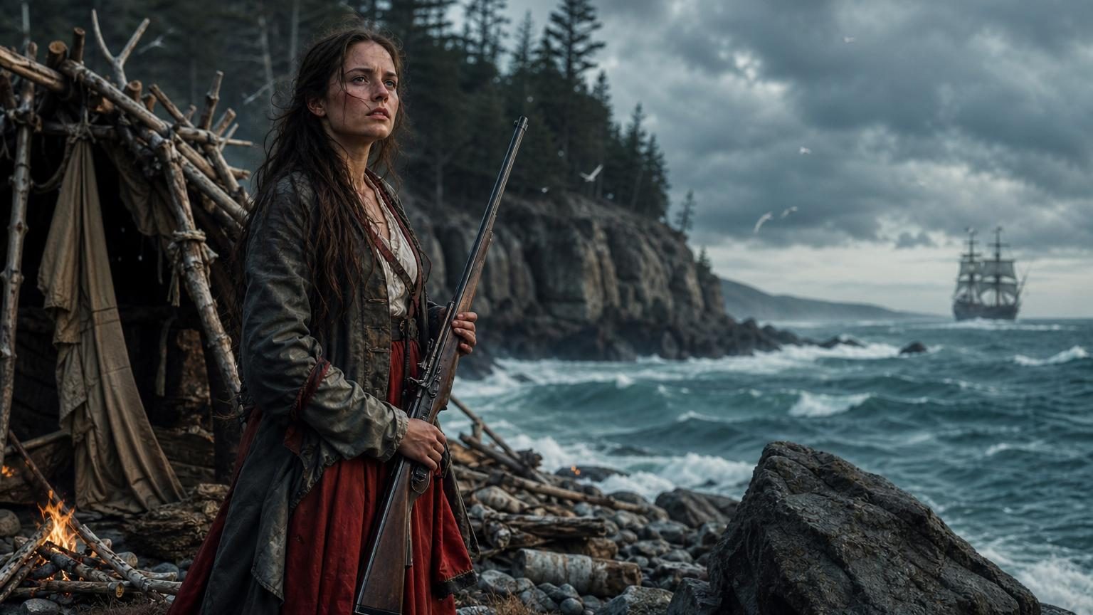 Portrait historique d'une femme noble du XVIe siècle sur une île rocheuse battue par les vents du Saint-Laurent, vêtue de haillons, symbole de survie et de résilience face à l'isolement.