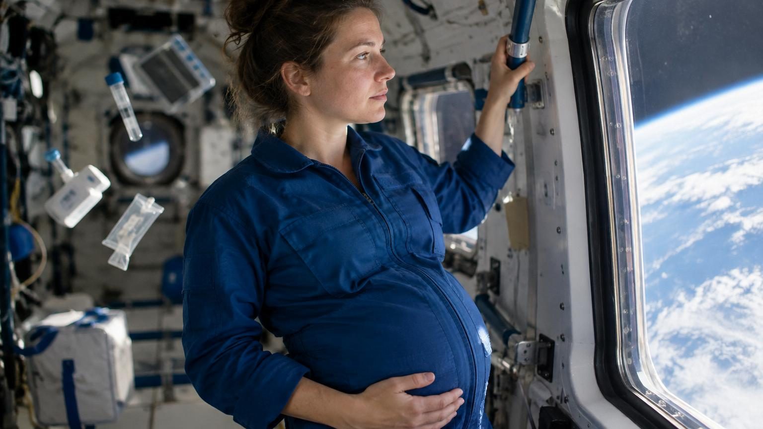 Illustration conceptuelle d'une astronaute enceinte flottant en apesanteur à bord d'un vaisseau spatial, avec la Terre visible par un hublot en arrière-plan et des symboles médicaux symbolisant les défis physiologiques.