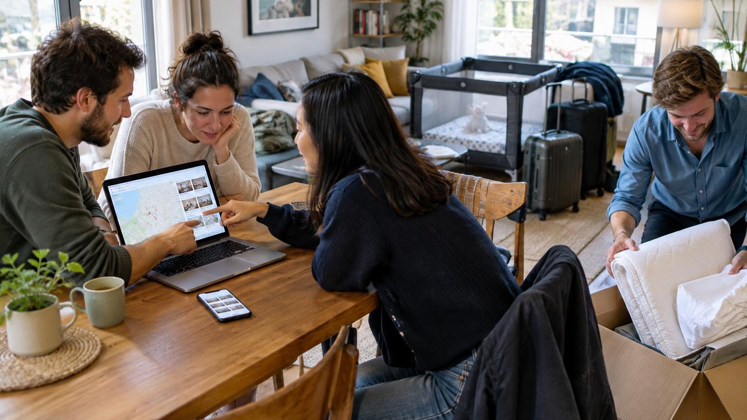 Interface Airbnb affichant une carte interactive partagée avec des épingles de voyages, des profils d'amis en connexion et des résultats de recherche dopés à l'intelligence artificielle pour logements avec services intégrés.