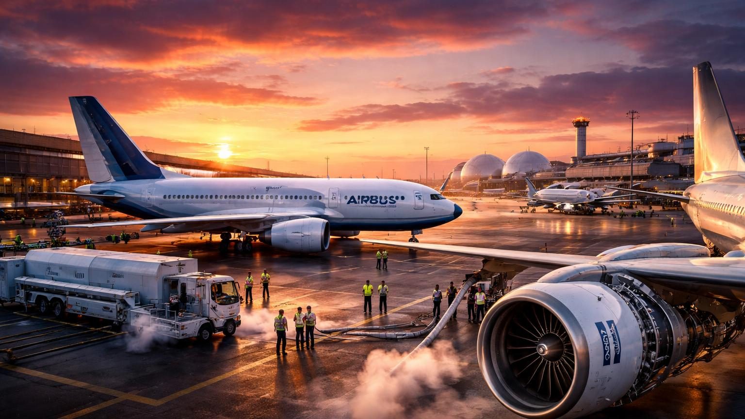 Deux approches de l'hydrogène en aviation: à gauche, un avion repensé d'Airbus avec fuselage modifié et réservoirs intégrés; à droite, un moteur de Rolls-Royce adapté sur structure conventionnelle.