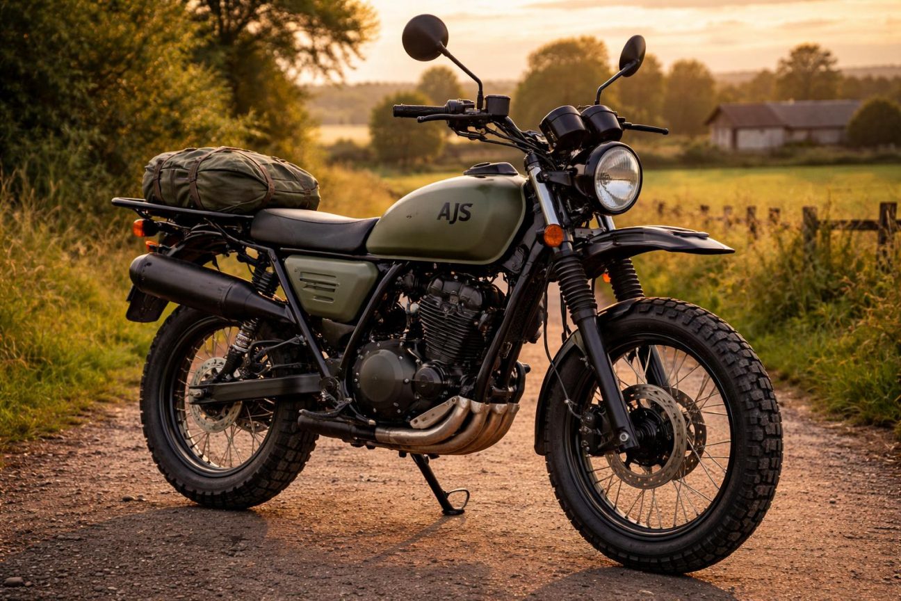 Moto AJS Ridgeway 125 rétro au style militaire rustique, vue de trois-quarts, avec porte-bagages avant et échappement haut surélevé.