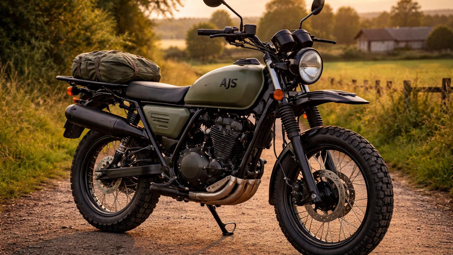Moto AJS Ridgeway 125 rétro au style militaire rustique, vue de trois-quarts, avec porte-bagages avant et échappement haut surélevé.
