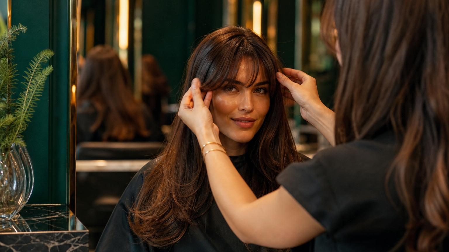 Femme avec frange légère effilée qui encadre son visage et met en valeur son regard, illustrant l'effet de transformation capillaire subtile.