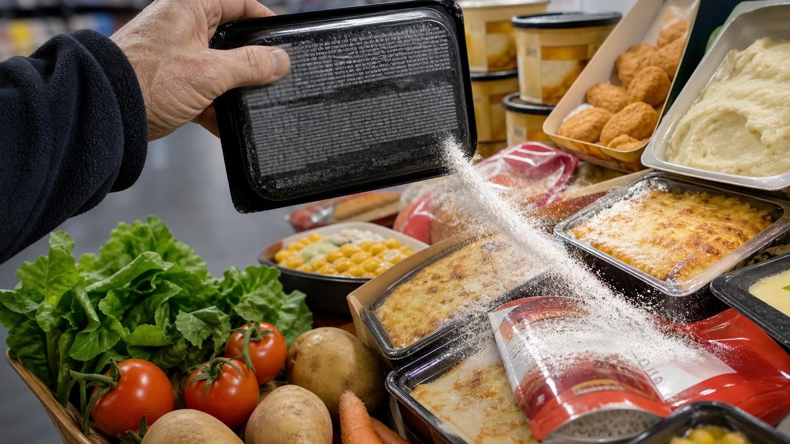 Gros plan sur l'étiquette d'une barquette de lasagnes avec une loupe mettant en évidence le mot « maltodextrine » parmi d'autres ingrédients techniques en petits caractères