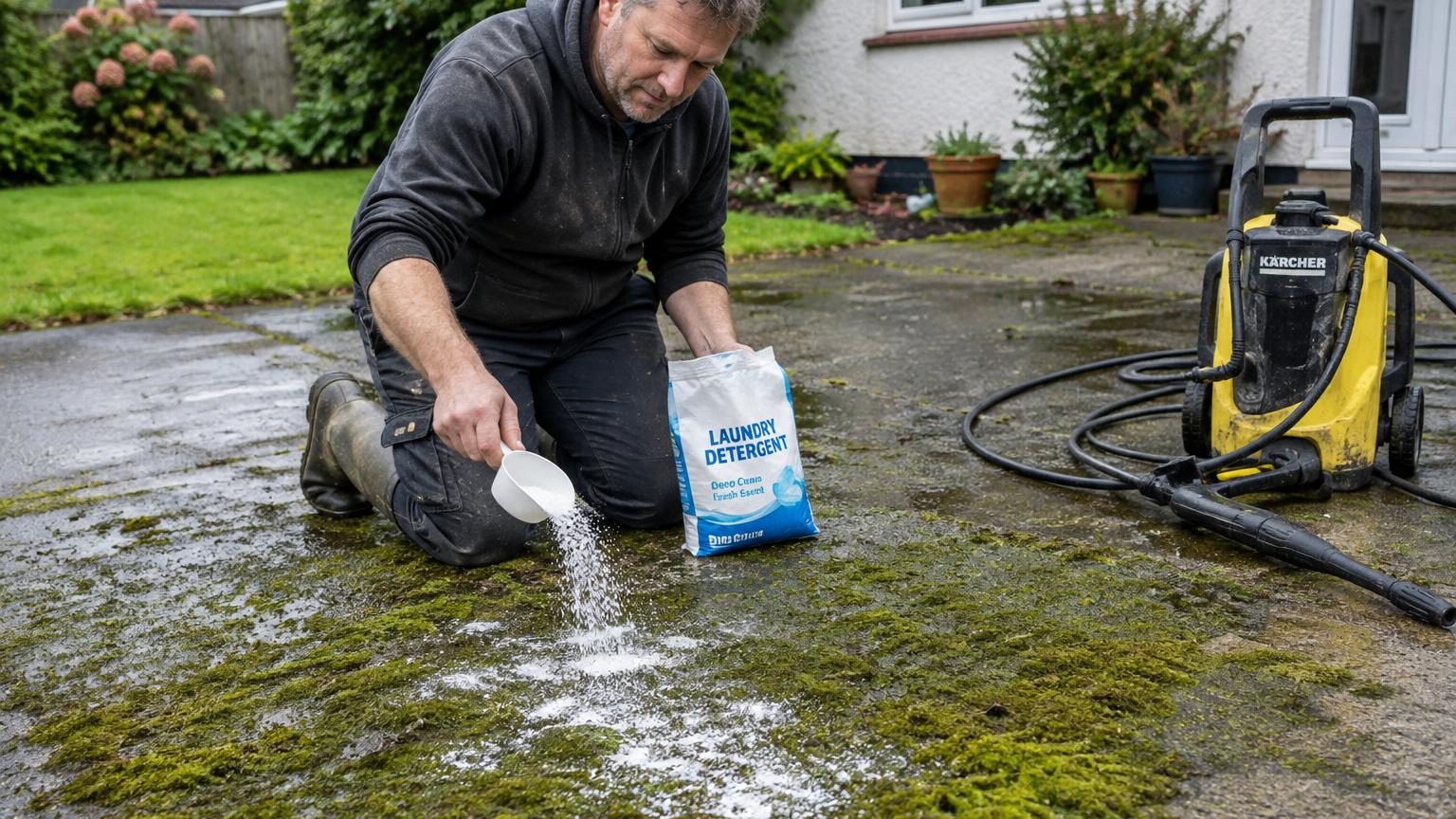 Allée en béton ou pavés couverts de mousse verte glissante, avec zones ombragées particulièrement affectées et joints dégradés.
