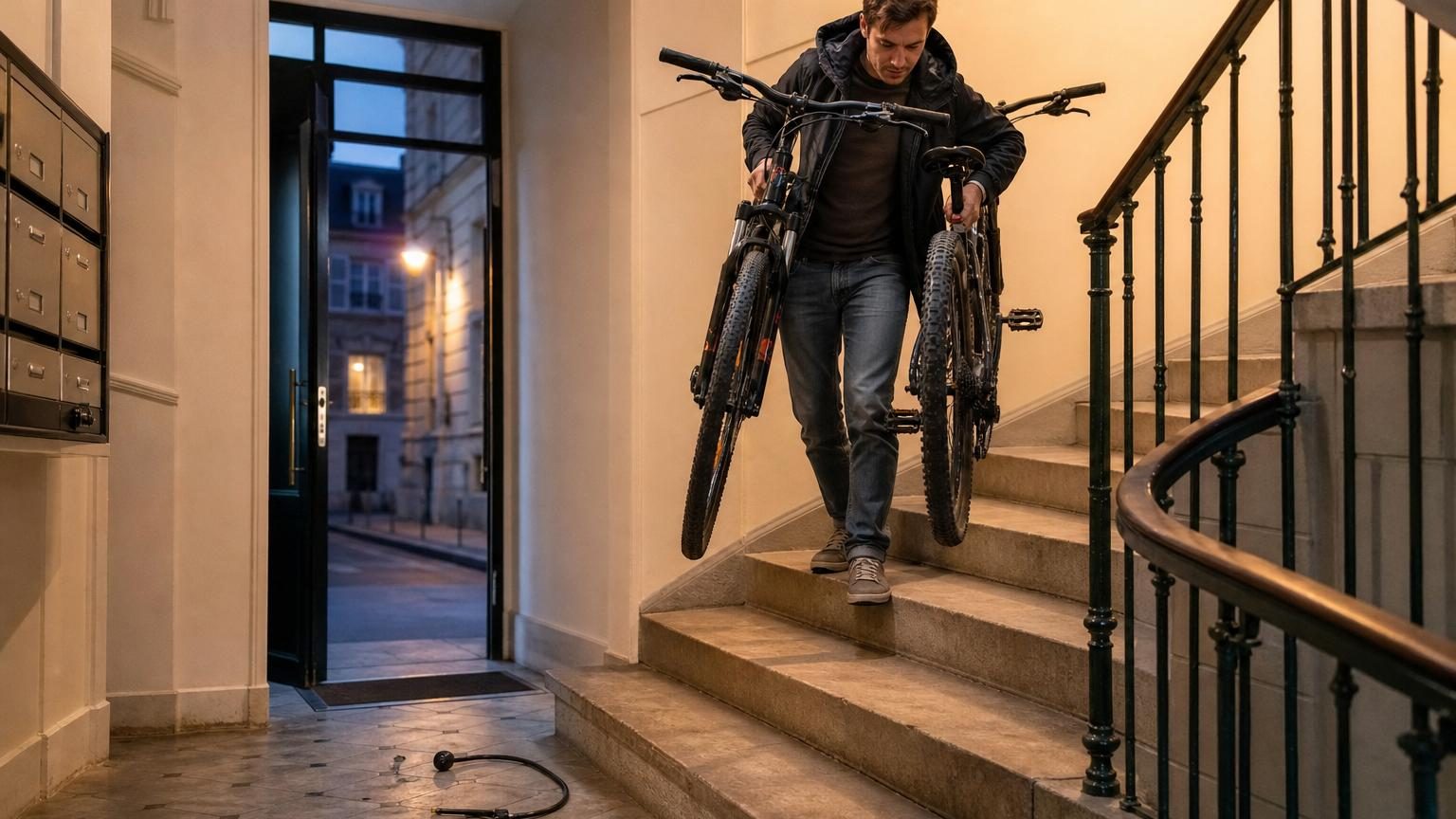 Un voisin soulève deux vélos dans ses mains tout en gravissant les marches d'un escalier d'immeuble, illustrant le geste quotidien de protéger ses deux-roues contre le vol.