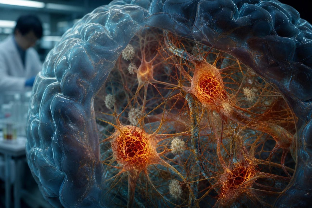 Illustration montrant l'intérieur d'un neurone avec la protéine tau anormale formant des amas, perturbant les microtubules et symbolisant la progression d'Alzheimer.