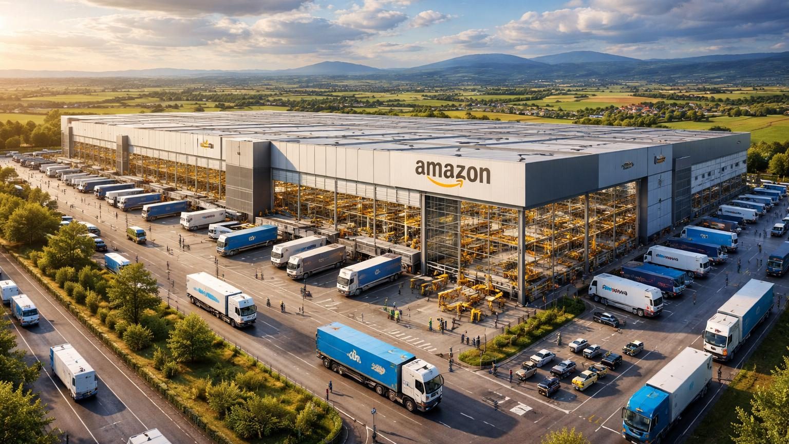 Illustration d'un immense centre de distribution logistique automatisé avec des robots mobiles, des convoyeurs et des rayonnages sur plusieurs niveaux dans un entrepôt high-tech.