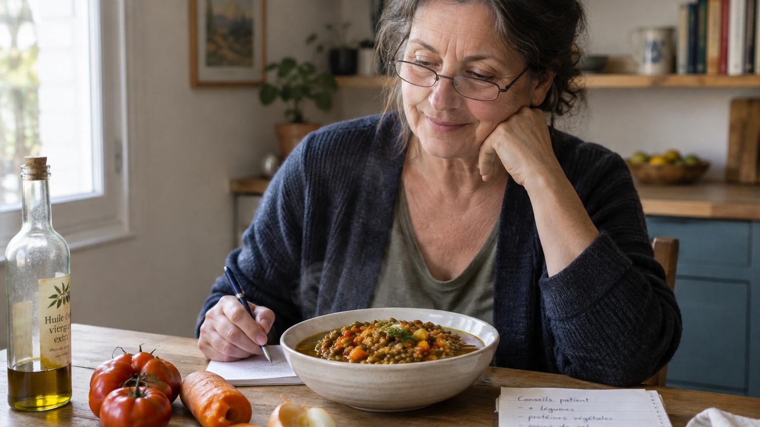 Table de cuisine vue de haut avec tomates légèrement fripées, carotte, oignon et bouteille d'huile d'olive presque vide, incarnant la simplicité nutritive recommandée après 60 ans.