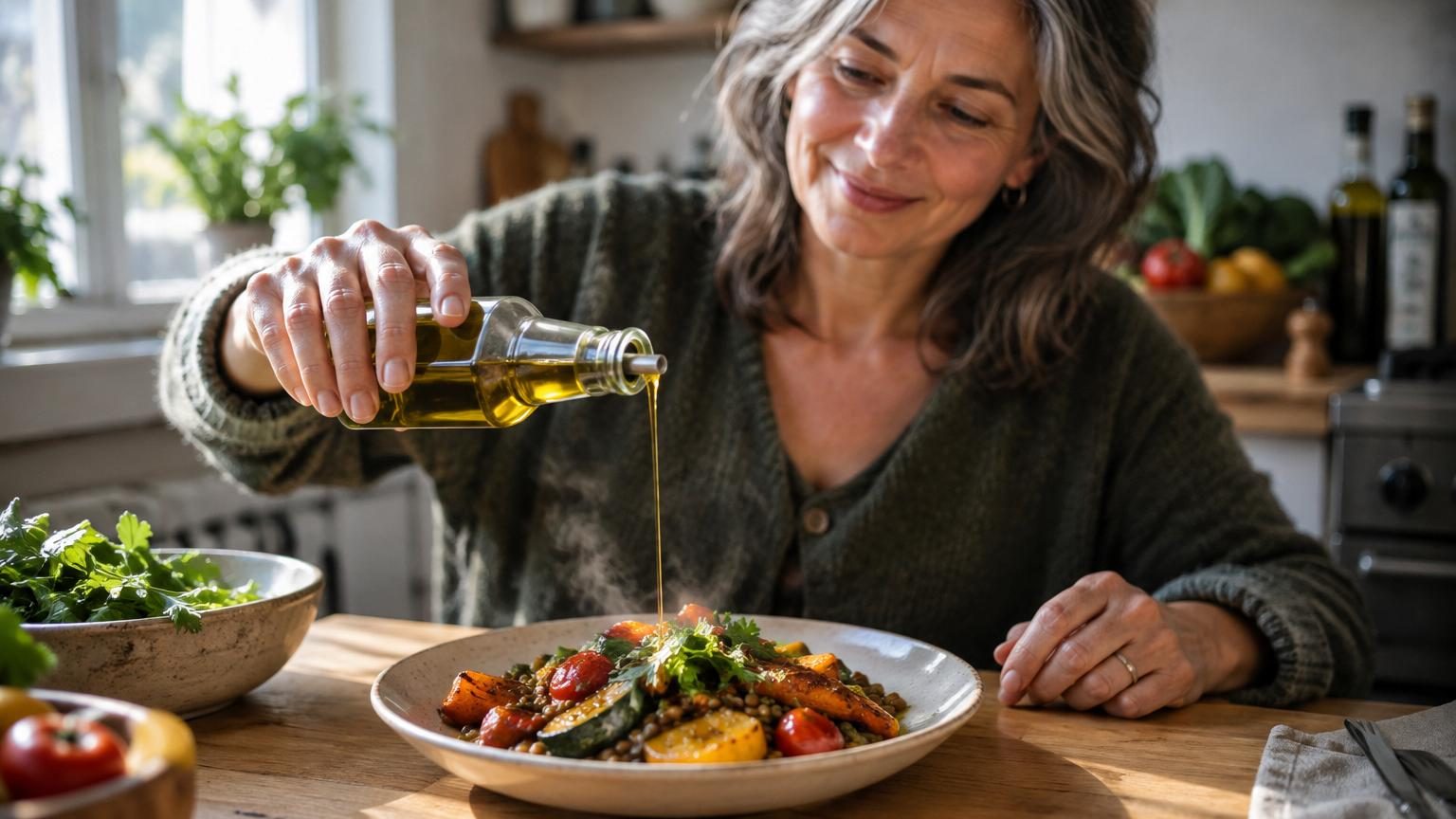 Assiette simple contenant des lentilles bien cuites, des légumes rôtis colorés et un trait d'huile d'olive dorée, incarnant une nutrition équilibrée pour les plus de 60 ans.